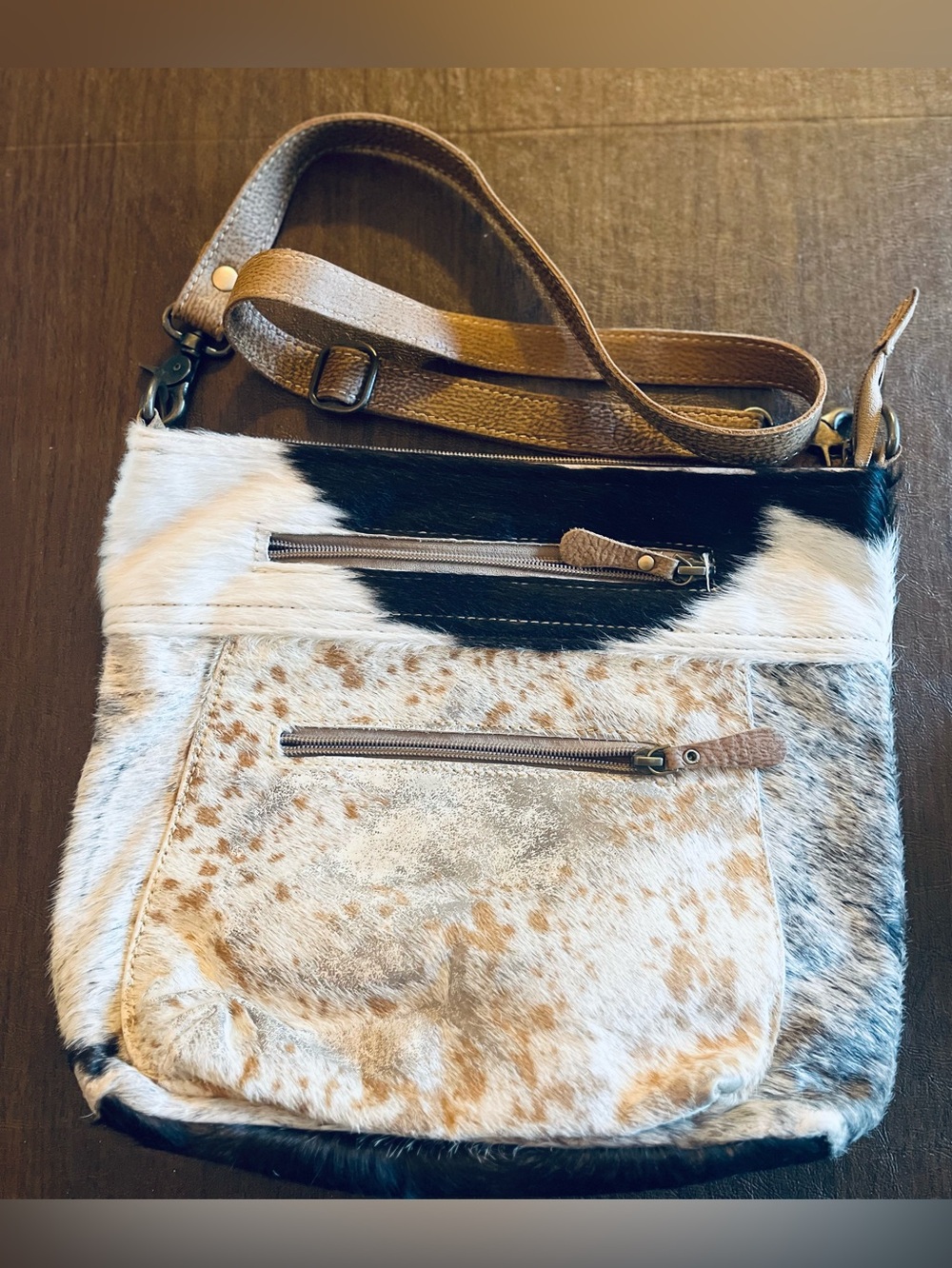 Myra Bag Multi-Color Haircalf Crossbody - Black, White & Tan